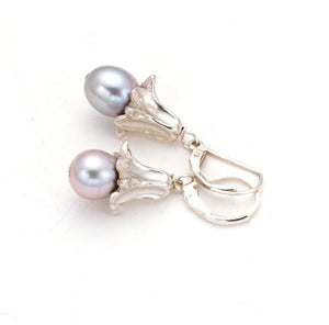 Flower drop earrings hand carved sterling silver, elegant drop earring with Grey fresh water pearls