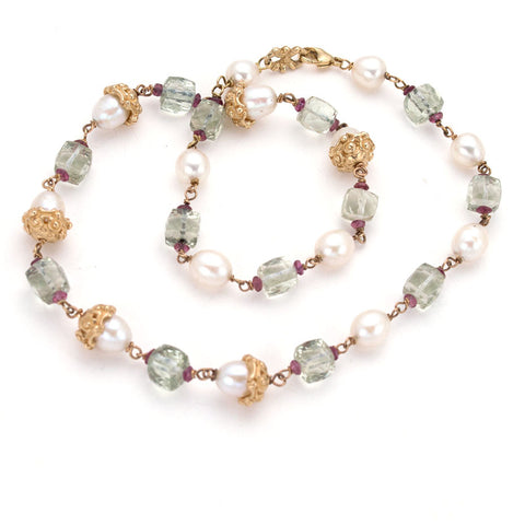 Classic Gold necklace, hand carved/hand made anna biggs necklace, pearl,green amethyst,garnet