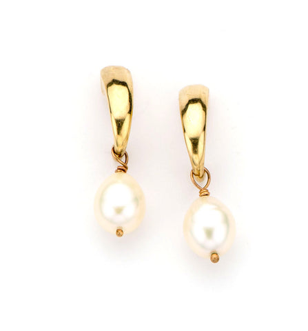 handmade smooth gold half hoop earring with white pearl drop