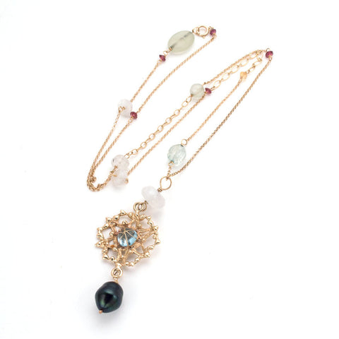 Gold Filigree pendant on delicate chain, sky blue topaz center, black pearl drop, tiny stone accents