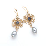 lever-back earrings, gold open filigree circles, iolite cabochon at center, dove gray pearl drop