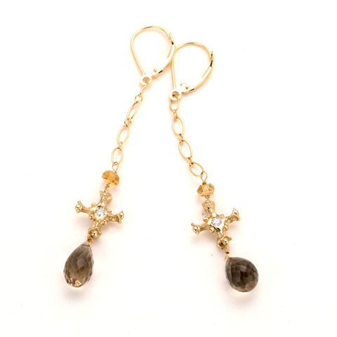 Beautiful handmade gold, diamond, smoky quartz drop earrings